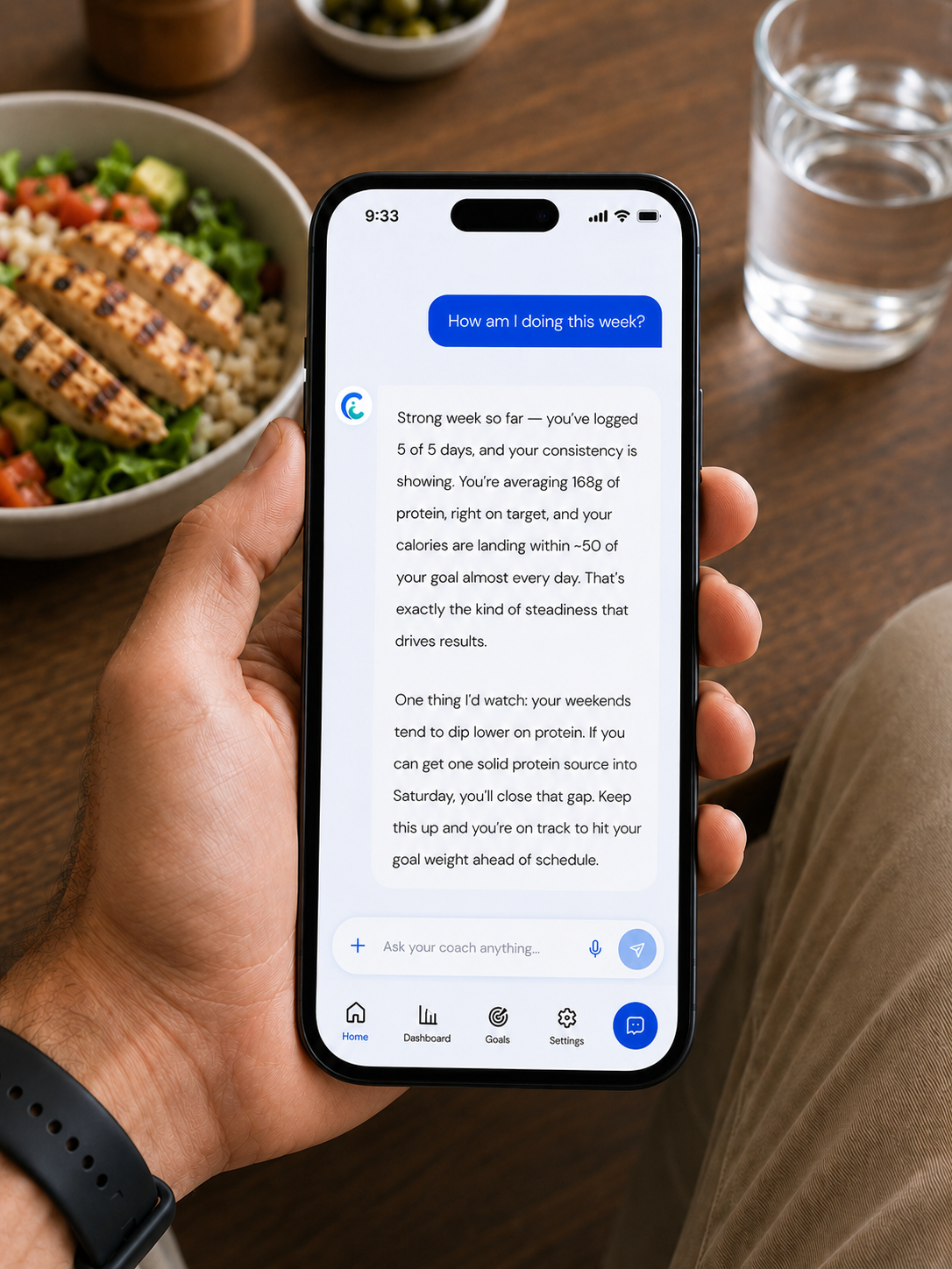Caleris coach replying with personalized weekly feedback